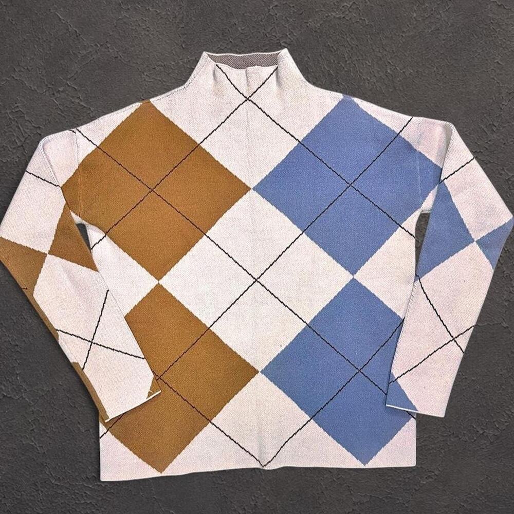 Rachel Zoe Argyle Mock Neck Sweater Blue Brown Cream Preppy Women’s S